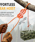 Heavy Duty Nylon Block And Tackle Pulley Set For Backcountry Game Hoisting Hella Portable Two Piece Badass Gear Rigging System For Solo Hunters And Field Operations with orange rig and gear hoist.
