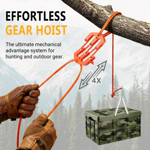 Heavy Duty Nylon Block And Tackle Pulley Set For Backcountry Game Hoisting Hella Portable Two Piece Badass Gear Rigging System For Solo Hunters And Field Operations with orange rig and gear hoist.