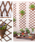 Natural Wood Garden Fence Lattice Panels 75 In By 11.8 In Retractable Plant Support with hanging baskets and plants