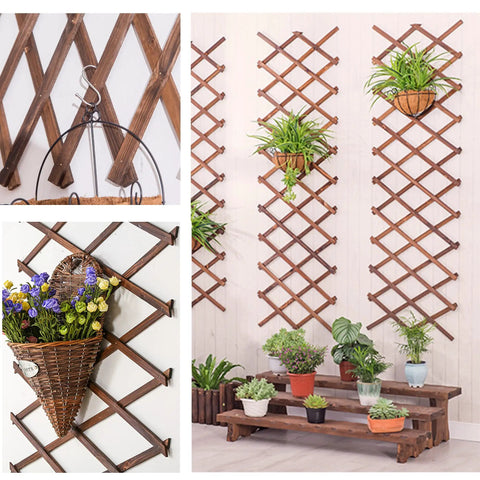 Natural Wood Garden Fence Lattice Panels 75 In By 11.8 In Retractable Plant Support with hanging baskets and plants