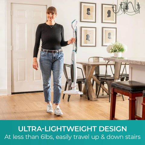 Straight Up Heavy Steam Mop For Sanitizing Sealed Hardwood Tile And Vinyl Floors With Chemical Free Deep Cleaning Power and Integrated Scrub Brush in use on hardwood floor.
