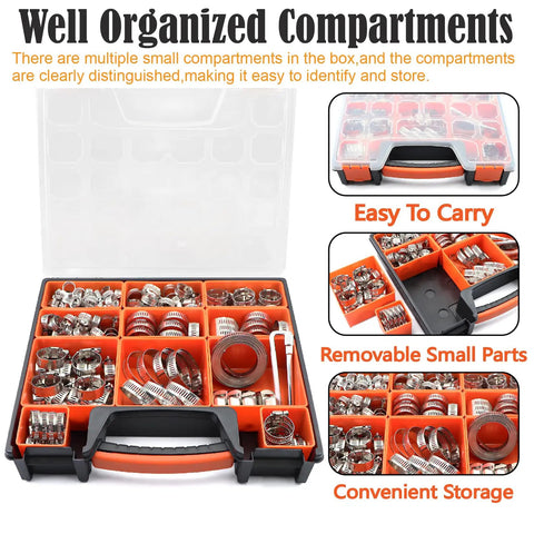 All Purpose 185 Piece Stainless Steel Hose Clamps Kit With 8 Sizes organized in compartmental box