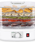 Five Tray Electric Food Dehydrator With Pro Airflow Circulation For Making Beef Jerky Dried Fruit And Homemade Dog Treats showing dried fruits and jerky.