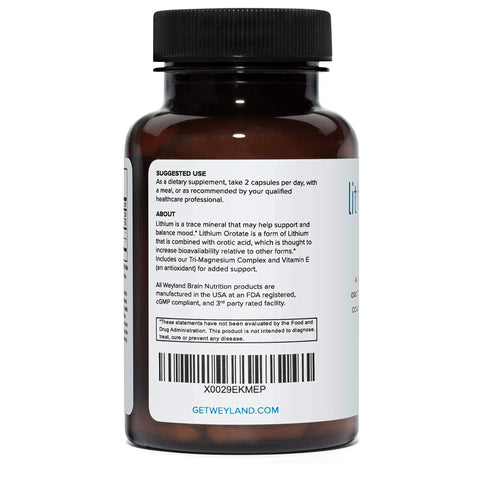 Back view of Brain Fuel Lithium Orotate 5mg And Tri Magnesium Threonate Complex With Taurinate Malate Glycine Vitamin E bottle