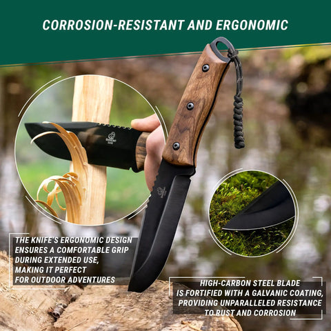 Full Tang Bushcraft Knife 9.8 Inch With Fire Starter And Leather Sheath - 5 Inch Carbon Steel Fixed Blade in use outdoors.