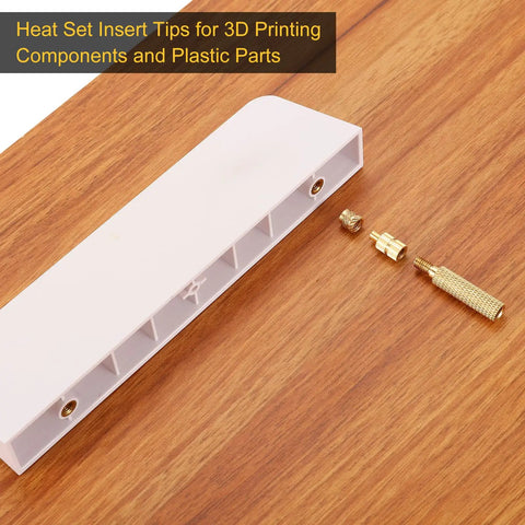 Heat Set Insert Tip Set For Threaded Inserts M2 To M8, 7 Brass Tips For Soldering Irons, shown on wooden surface