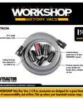 Long 1.875-Inch By 10-Foot Heavy Duty Contractor Hose For Wet Dry Shop Vacuums shown coiled with various attachments.