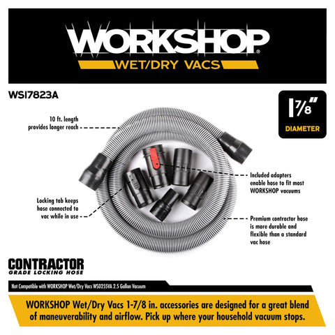 Long 1.875-Inch By 10-Foot Heavy Duty Contractor Hose For Wet Dry Shop Vacuums shown coiled with various attachments.