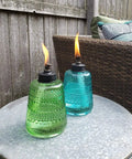 Carnival Glass Tabletop Torches 3 Pack for Patio Backyard and Garden Lighting Portable Glass Flame Torches in Blue Green