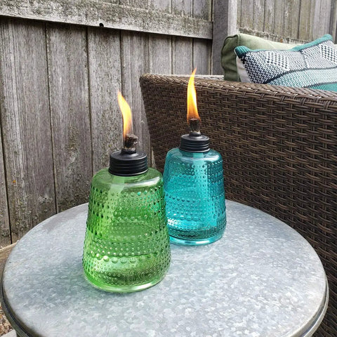 Carnival Glass Tabletop Torches 3 Pack for Patio Backyard and Garden Lighting Portable Glass Flame Torches in Blue Green