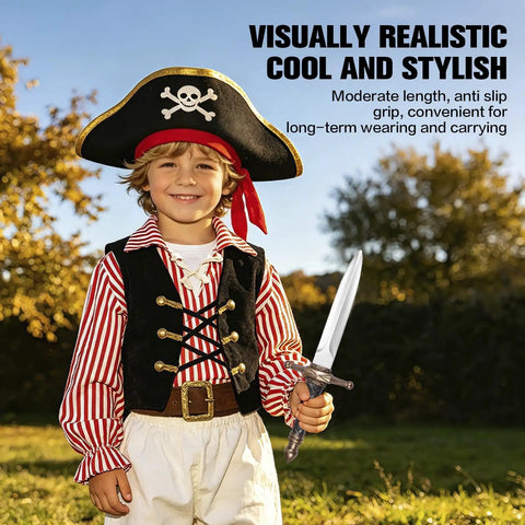 Child with pirate costume holding Two Piece Dope Lightweight Foam Dagger Set With Blunt Tips For Adults And Kids Safe Halloween Cosplay Accessory
