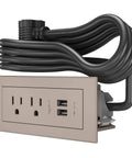 Radiant Furniture Power Center With USB, Recessed Power Strip, 2 Outlets, Type A USB Ports, Nickel Finish, 10 Foot Cord Coiled