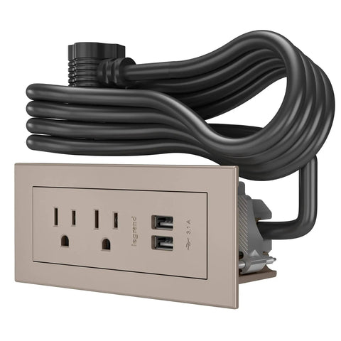 Radiant Furniture Power Center With USB, Recessed Power Strip, 2 Outlets, Type A USB Ports, Nickel Finish, 10 Foot Cord Coiled