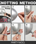 Knotting method steps for silver balloon inflation with hand pump shown in six steps.