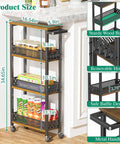 Slim Four Tier Rolling Storage Cart For Kitchen And Bathroom Organization On Wheels Space Saver With Narrow 5.9 Inch Width And Wood Rack, shown in a kitchen with snacks and condiments.