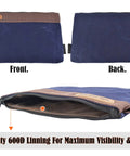Front and back view of blue pouch from Four Pack 12 Inch Waxed Canvas Tool Pouches With Zippers Heavy Duty Waterproof Outdoor Tool Bags Set