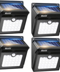 Four-pack of Solar Outdoor Security Lights Wireless Motion Sensor Waterproof LED Path Lighting for Front Door Backyard Steps Garage Garden with 400LM Output 4 Pack Durable Weatherproof Design, showing front and solar panel view