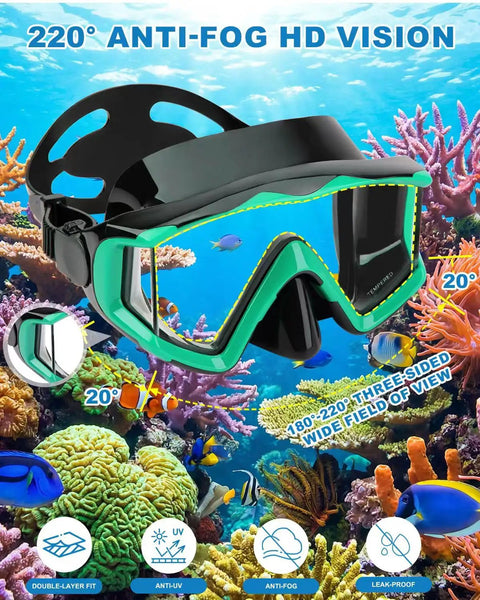 Close-up of All In One Snorkel Mask Set For Adults Kids And Teens With 180 Degree Field Of View Leak Proof Fog Proof Dive Mask Goggles