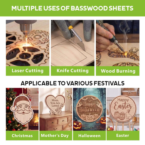 Baccraniate basswood sheets 12x12, 1/8 in, 4-pack; for laser cutting, engraving, burning and festive decorations.