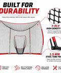 Portable Baseball Backstop Net With Batting Tee And Ball Caddy Collapsible Softball Batting Cage showing durable 7-ply net and steel tube frame.