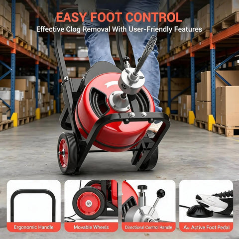 Heavy Duty 100 Foot Automatic Feed Sewer Snake Drain Cleaning Machine Loaded With Six Steel Cutters showing ergonomic controls and movable wheels.