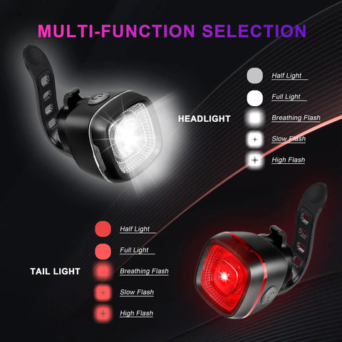 Front And Rear Bike Lights Set With Type C Rechargeable Headlight And Taillight For Late Night Rides shows modes on black backdrop