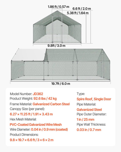 Diagram of Large Metal Chicken Coop With Walk In Run And Spire Roof For Outdoor Backyard Farm Poultry Pen