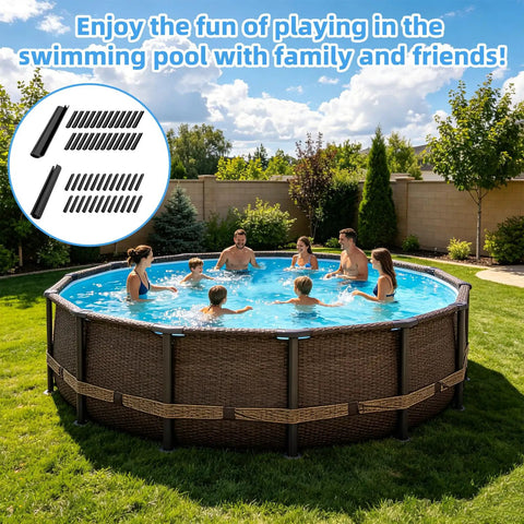 Group enjoying a summer day in a circular above ground pool with 48 Pack 4.7 Inch Rock Solid Pool Cover Clips And Clamps nearby.