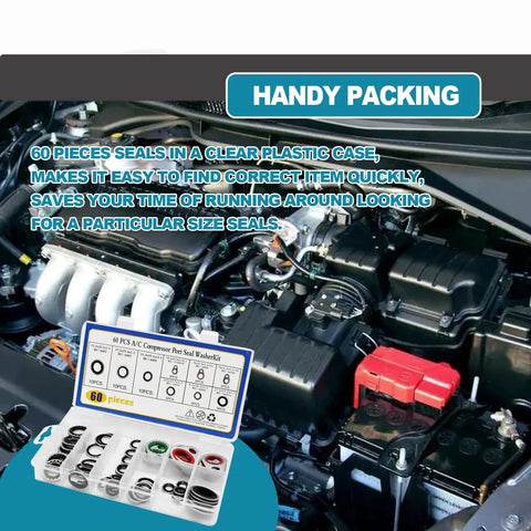 Close-up of 60 Piece AC System Compressor Gasket Seals Kit With 9 Sizes Bonded Seal Washers in a clear case near car engine