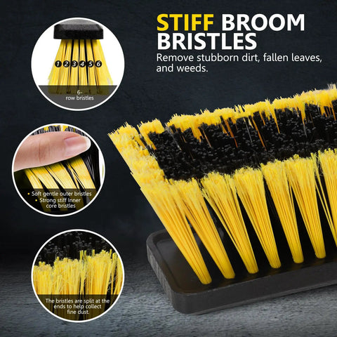 Heavy Duty 24.8 Inch Wide Push Broom With Dual Density Bristles Designed To Crush Gravel And Leaves On Driveways showing split stiff bristles.