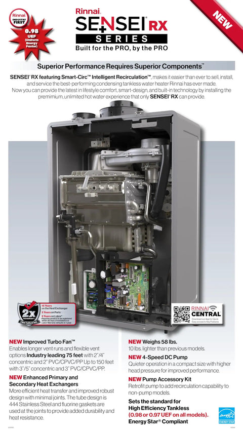 Top Shelf Dual Fuel Condensing Tankless Water Heater Loaded With Smart Sense Controls, detailed internal components display.