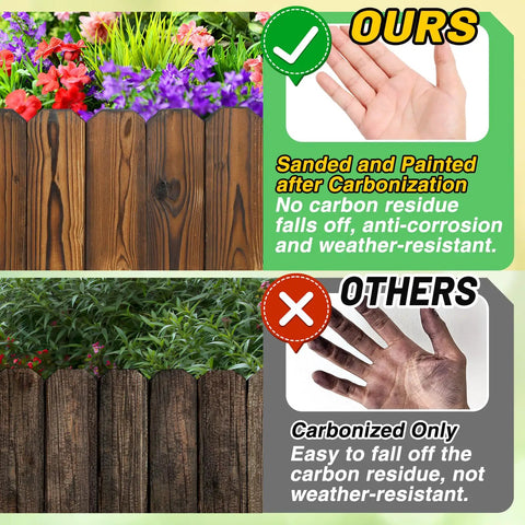 Comparison of weather resistant pine garden edging with carbonized wood for outdoor patios and flower beds