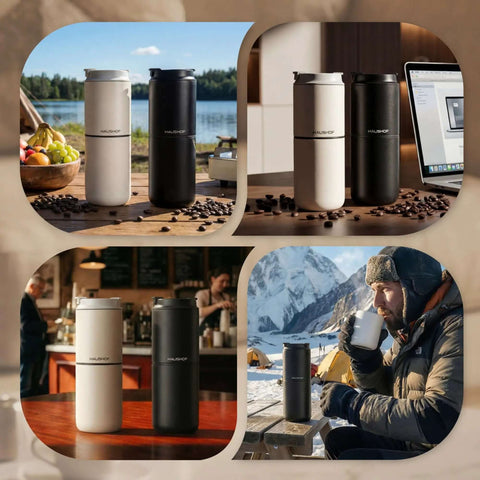 Portable All-In-One Coffee Maker With Built-In Battery And Grinder, Cordless Travel Brew System For Camping, with insulated mugs