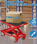 Front view: Heavy-duty hydraulic lift table cart, red with black non-slip platform, 1100 lb capacity, caster wheels.