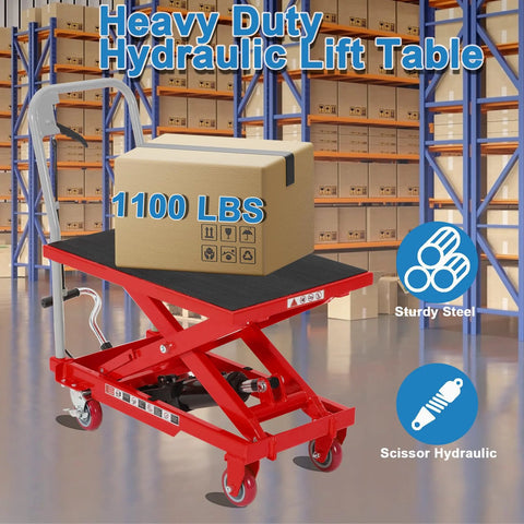 Front view: Heavy-duty hydraulic lift table cart, red with black non-slip platform, 1100 lb capacity, caster wheels.