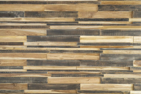 Teak Wood 3D Wall Panels Set Of 6 For DIY Accent Wall Dope Design Handmade Unique Planks Varying Thickness Midnight Mist Finish