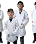 Four kids wearing Kid Sized White Doctor Lab Coat Unisex Size 12/14, demonstrating realistic medical role play