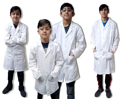 Four kids wearing Kid Sized White Doctor Lab Coat Unisex Size 12/14, demonstrating realistic medical role play