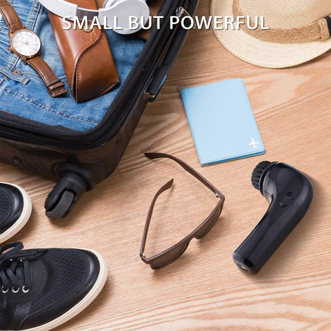 Portable Electric Shoe Cleaner And Polisher Brush Kit For Sneaker Upkeep With Dual Brush Heads Usb Powered in a travel setting.