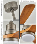 52 Inch Ceiling Fan With Light And Remote Control, 3 Blade Outdoor Wood Farmhouse Style Fan, Vintage Nickel Finish Details