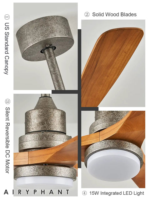 52 Inch Ceiling Fan With Light And Remote Control, 3 Blade Outdoor Wood Farmhouse Style Fan, Vintage Nickel Finish Details
