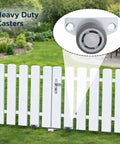 Mini Side Mount Caster Wheels Low Profile Rigid Non Swivel Rollers For Sliding Doors Drawers And Cabinets Slick Quiet Rubber Tires Smooth Rolling Solid Setup Four Pack 1.25 Inch mounted on a white fence.