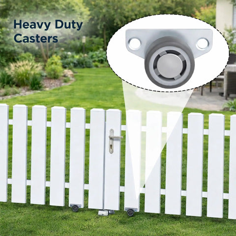 Mini Side Mount Caster Wheels Low Profile Rigid Non Swivel Rollers For Sliding Doors Drawers And Cabinets Slick Quiet Rubber Tires Smooth Rolling Solid Setup Four Pack 1.25 Inch mounted on a white fence.