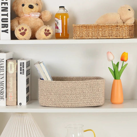 Nifty Woven Rope Storage Baskets For Closet Organization Set Of 3 Small Decorative Shallow Bins Keep Cosmetics And Charging Cables Packed Away Sweet Home Stash Crate Solid Pick Warm Brown