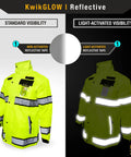 Torrent Class 3 Safety Rain Jacket ANSI Tested OSHA HiVis Reflective Coat Waterproof Weatherproof Rain Gear Hideaway Hood Yellow Large shown with light-activated visibility.