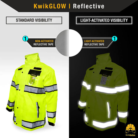 Torrent Class 3 Safety Rain Jacket ANSI Tested OSHA HiVis Reflective Coat Waterproof Weatherproof Rain Gear Hideaway Hood Yellow Large shown with light-activated visibility.