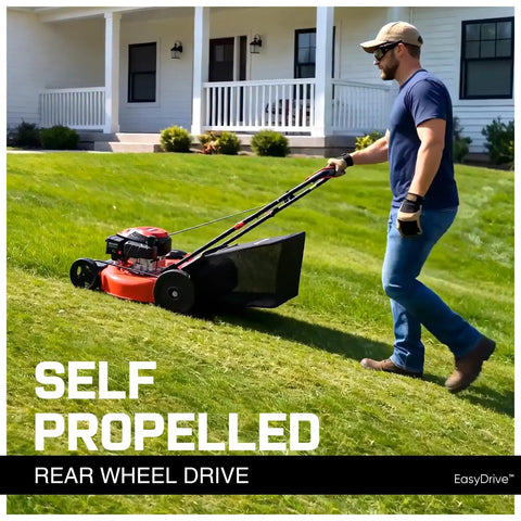 Man using EasyDrive 21-Inch Self Propelled Gas Lawn Mower With 170cc 4-Stroke OHV Engine on a sloped lawn