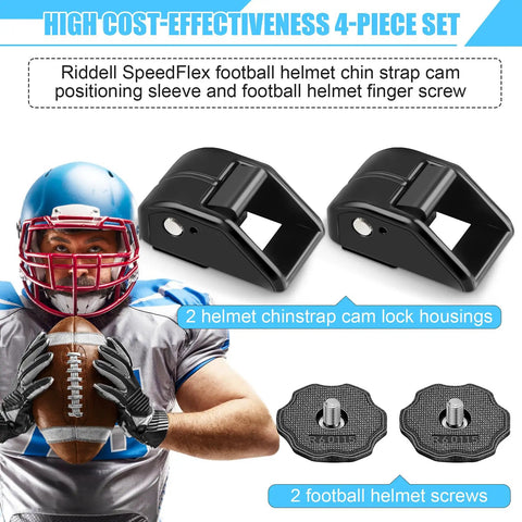 Cam Loc Chin Strap Housing Set And Helmet Thumb Screws For Riddell SpeedFlex Football Helmets displayed with player model