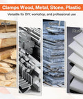 Image showing versatility of clamp for wood, metal, stone, and plastic materials.