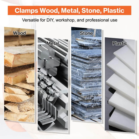 Image showing versatility of clamp for wood, metal, stone, and plastic materials.
